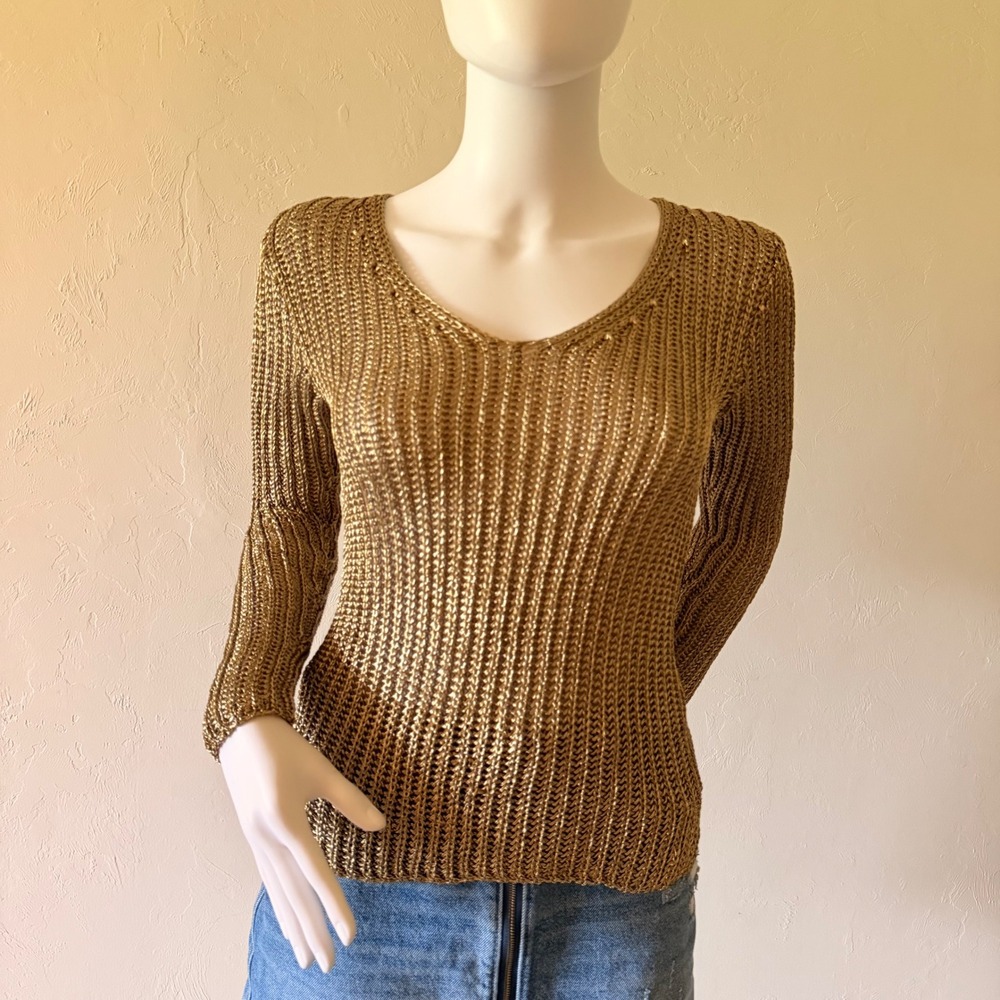 Ralph Lauren Black Label Women Gold Metallic Knit  Long Sleeve Sweater  XS